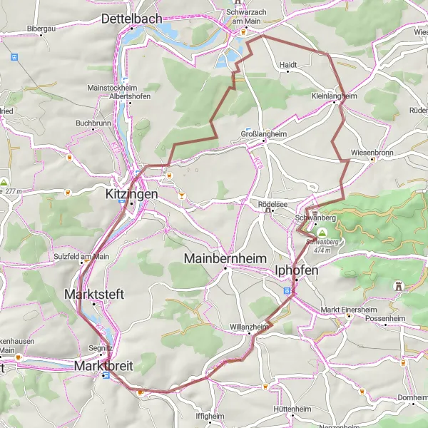 Map miniature of "Schwanberg Gravel Loop" cycling inspiration in Unterfranken, Germany. Generated by Tarmacs.app cycling route planner