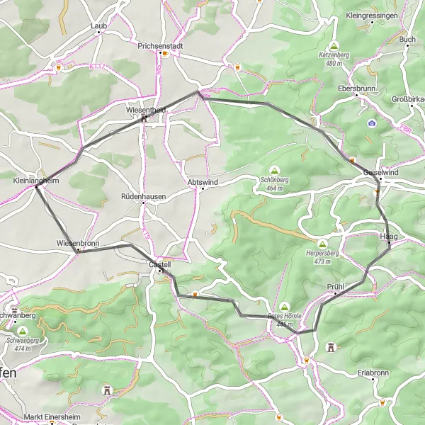 Karten-Miniaturansicht der Radinspiration "Kultur und Natur im Steigerwald" in Unterfranken, Germany. Erstellt vom Tarmacs.app-Routenplaner für Radtouren