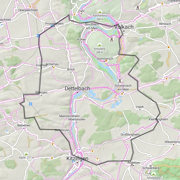 Map miniature of "Nordheim am Main Road Adventure" cycling inspiration in Unterfranken, Germany. Generated by Tarmacs.app cycling route planner