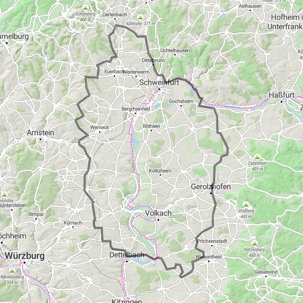 Map miniature of "Dettelbach and Ebersberg Road Loop" cycling inspiration in Unterfranken, Germany. Generated by Tarmacs.app cycling route planner