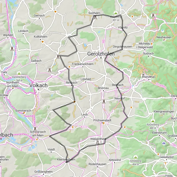 Map miniature of "Wiesentheid Loop" cycling inspiration in Unterfranken, Germany. Generated by Tarmacs.app cycling route planner