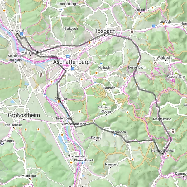 Karten-Miniaturansicht der Radinspiration "Hösbacher Tour: Von Hoheberg nach Schloss Johannisburg" in Unterfranken, Germany. Erstellt vom Tarmacs.app-Routenplaner für Radtouren