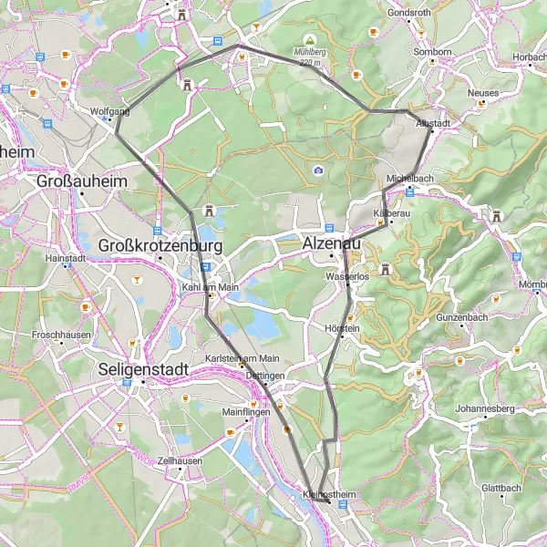 Karten-Miniaturansicht der Radinspiration "Rundfahrroute um Kleinostheim: Kahl am Main - Alzenau" in Unterfranken, Germany. Erstellt vom Tarmacs.app-Routenplaner für Radtouren