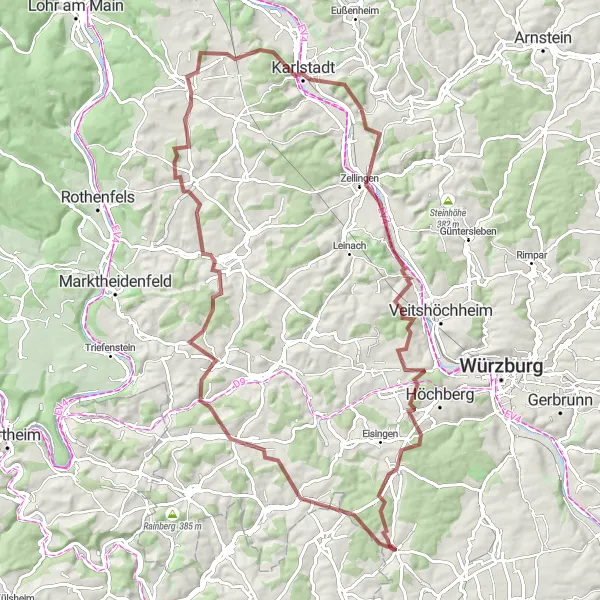 Karten-Miniaturansicht der Radinspiration "Abenteuer auf dem Gravelbike" in Unterfranken, Germany. Erstellt vom Tarmacs.app-Routenplaner für Radtouren