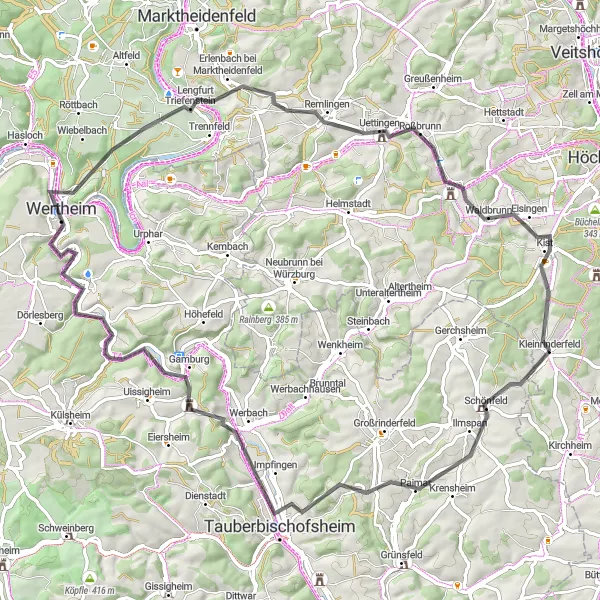 Karten-Miniaturansicht der Radinspiration "Rundtour durch die Weinberge" in Unterfranken, Germany. Erstellt vom Tarmacs.app-Routenplaner für Radtouren