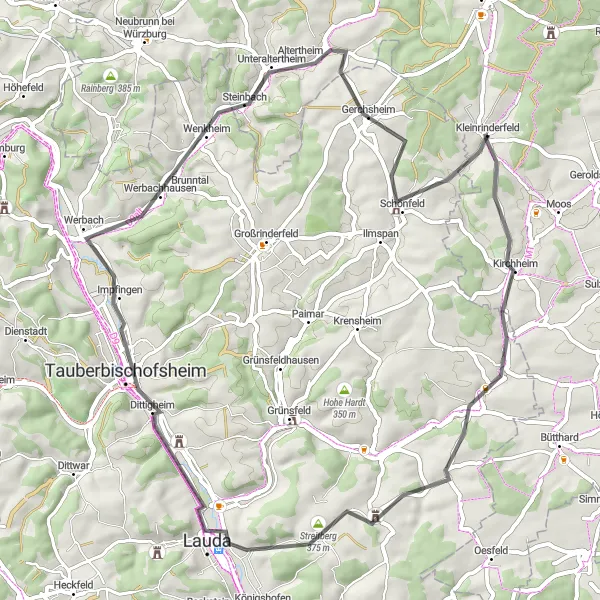 Karten-Miniaturansicht der Radinspiration "Entdecke Unterfranken auf einer 62 km langen Straßenradtour" in Unterfranken, Germany. Erstellt vom Tarmacs.app-Routenplaner für Radtouren