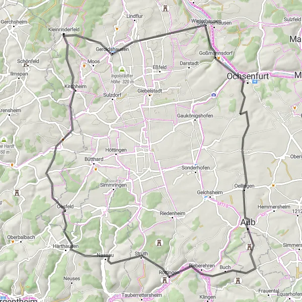 Karten-Miniaturansicht der Radinspiration "Erlebe eine 80 km lange Straßenradtour durch Unterfranken" in Unterfranken, Germany. Erstellt vom Tarmacs.app-Routenplaner für Radtouren