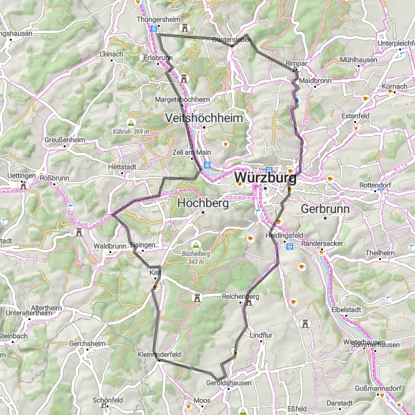 Karten-Miniaturansicht der Radinspiration "Entdecke die Höhen von Unterfranken" in Unterfranken, Germany. Erstellt vom Tarmacs.app-Routenplaner für Radtouren