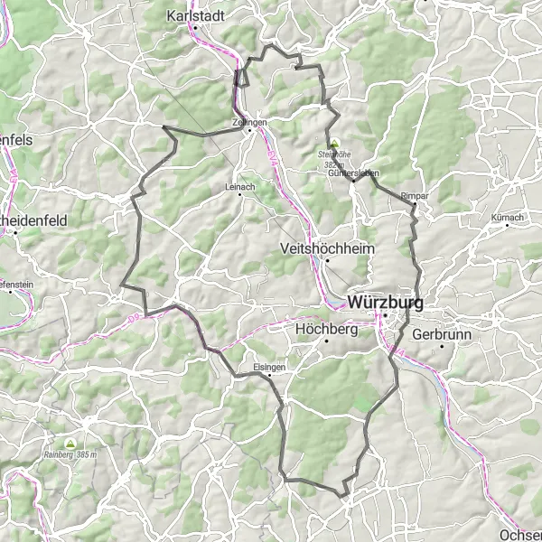 Karten-Miniaturansicht der Radinspiration "Erklimme anspruchsvolle Anstiege auf einer 97 km langen Straßenradtour" in Unterfranken, Germany. Erstellt vom Tarmacs.app-Routenplaner für Radtouren