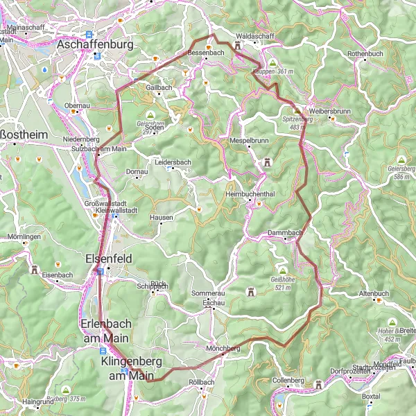 Map miniature of "Hills and Valleys Gravel Challenge" cycling inspiration in Unterfranken, Germany. Generated by Tarmacs.app cycling route planner