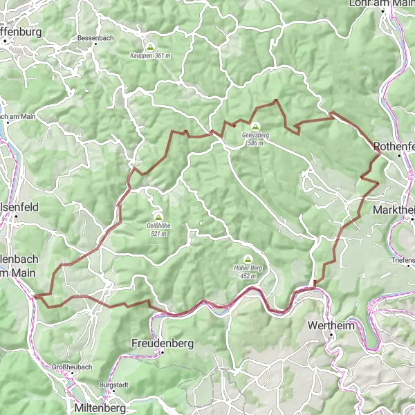 Map miniature of "Gravel Adventure to Klingenberg am Main" cycling inspiration in Unterfranken, Germany. Generated by Tarmacs.app cycling route planner