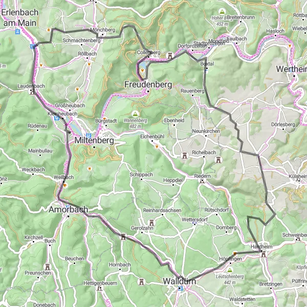 Map miniature of "Scenic Route to Klingenberg am Main" cycling inspiration in Unterfranken, Germany. Generated by Tarmacs.app cycling route planner