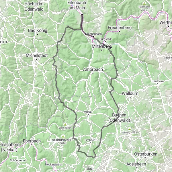 Map miniature of "Road Cycling Adventure" cycling inspiration in Unterfranken, Germany. Generated by Tarmacs.app cycling route planner