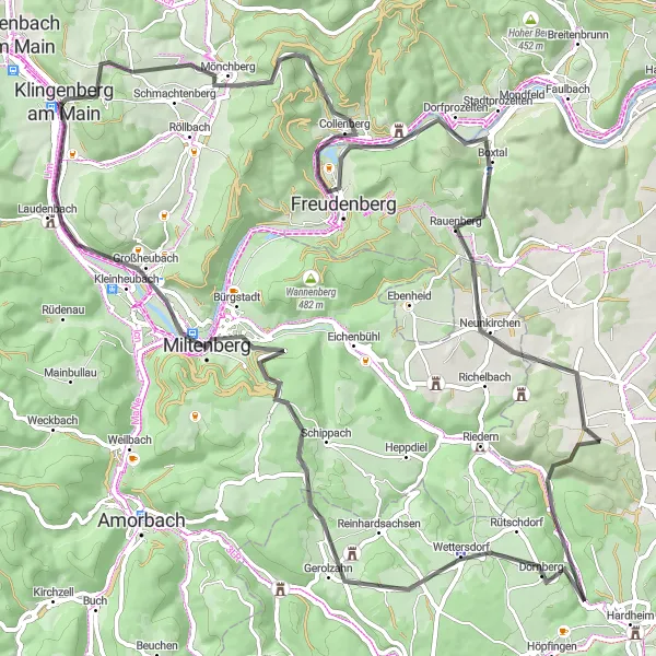 Map miniature of "Road to Klingenberg am Main" cycling inspiration in Unterfranken, Germany. Generated by Tarmacs.app cycling route planner