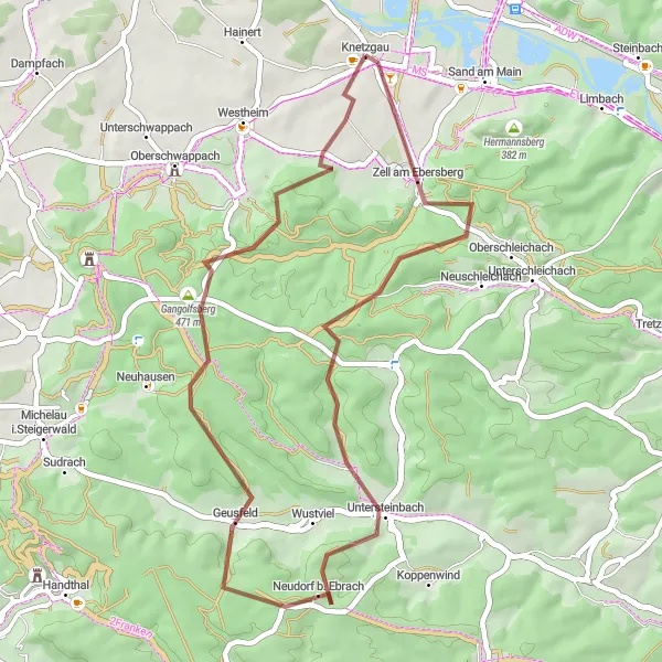 Map miniature of "Gravel Cycling Route to Bocksberg" cycling inspiration in Unterfranken, Germany. Generated by Tarmacs.app cycling route planner