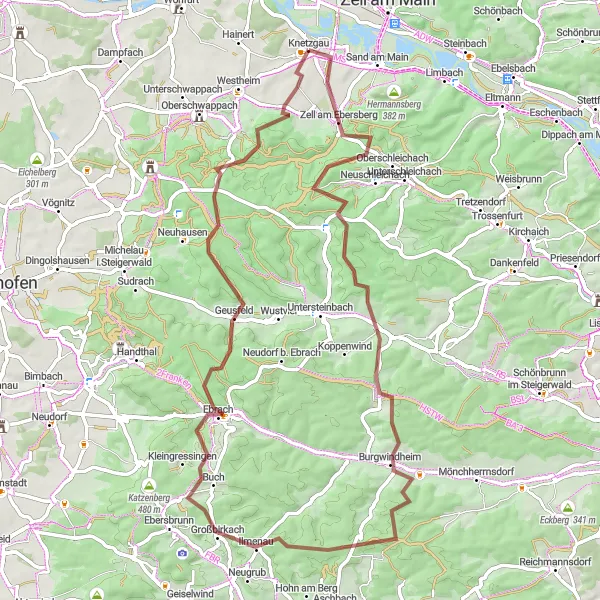 Karten-Miniaturansicht der Radinspiration "Herausfordernde Schotterroute um Knetzgau" in Unterfranken, Germany. Erstellt vom Tarmacs.app-Routenplaner für Radtouren
