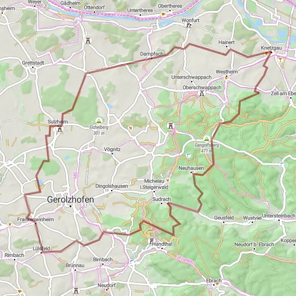 Karten-Miniaturansicht der Radinspiration "Die abenteuerliche Gravel-Route von Knetzgau" in Unterfranken, Germany. Erstellt vom Tarmacs.app-Routenplaner für Radtouren