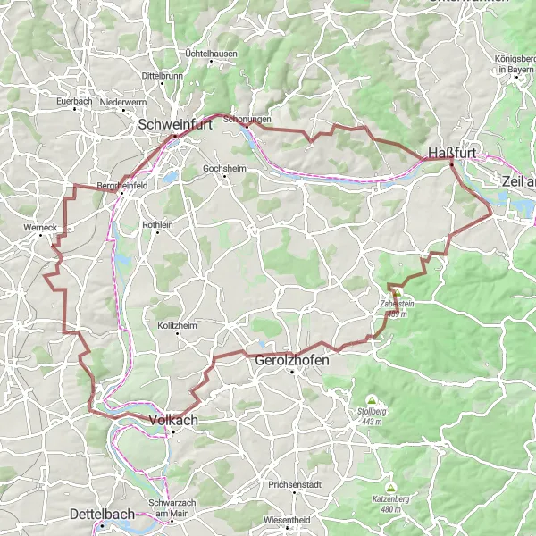 Map miniature of "The Big Loop around Unterfranken" cycling inspiration in Unterfranken, Germany. Generated by Tarmacs.app cycling route planner