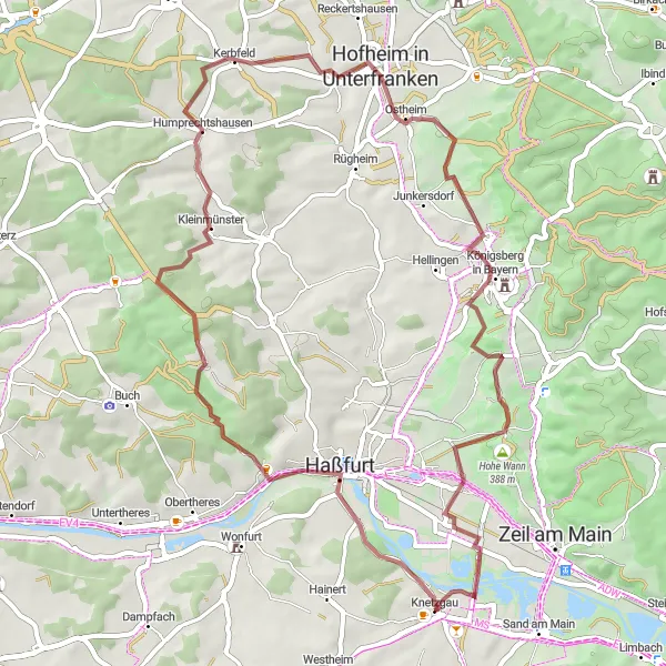 Map miniature of "Discover the Magnificent Gravel Route to Königsberg in Bayern" cycling inspiration in Unterfranken, Germany. Generated by Tarmacs.app cycling route planner