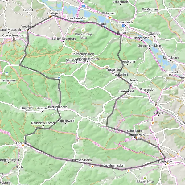 Map miniature of "Road Cycling Route Through Unterfranken" cycling inspiration in Unterfranken, Germany. Generated by Tarmacs.app cycling route planner