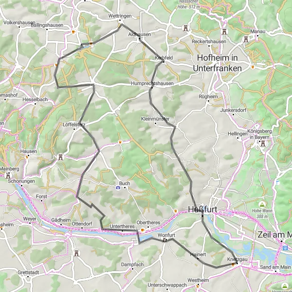 Map miniature of "Charming Tour through Unterfranken" cycling inspiration in Unterfranken, Germany. Generated by Tarmacs.app cycling route planner