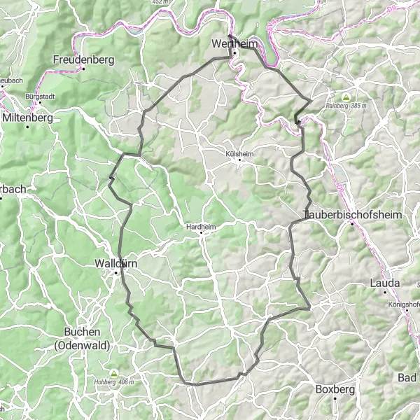 Karten-Miniaturansicht der Radinspiration "Panoramatische Straßenrunde um Kreuzwertheim" in Unterfranken, Germany. Erstellt vom Tarmacs.app-Routenplaner für Radtouren