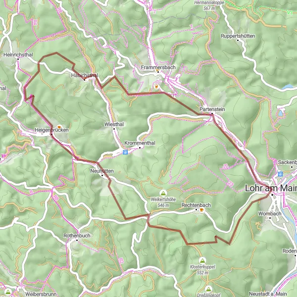 Map miniature of "Explore the Spessart Forest" cycling inspiration in Unterfranken, Germany. Generated by Tarmacs.app cycling route planner