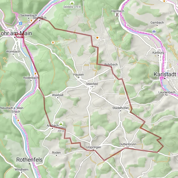Map miniature of "Urspringen Adventure" cycling inspiration in Unterfranken, Germany. Generated by Tarmacs.app cycling route planner