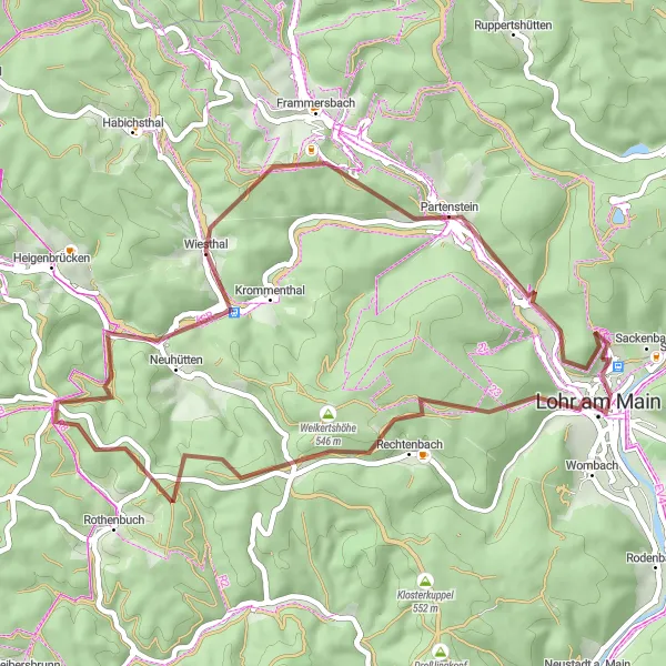 Map miniature of "Main-Spessart Gravel" cycling inspiration in Unterfranken, Germany. Generated by Tarmacs.app cycling route planner
