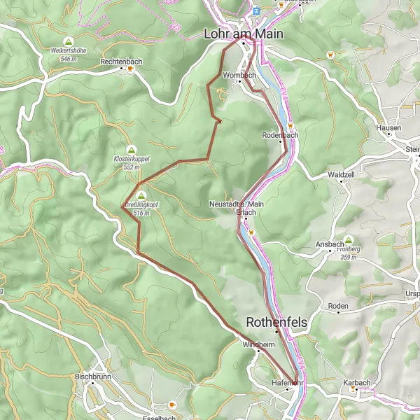 Map miniature of "Einsiedel Delight" cycling inspiration in Unterfranken, Germany. Generated by Tarmacs.app cycling route planner