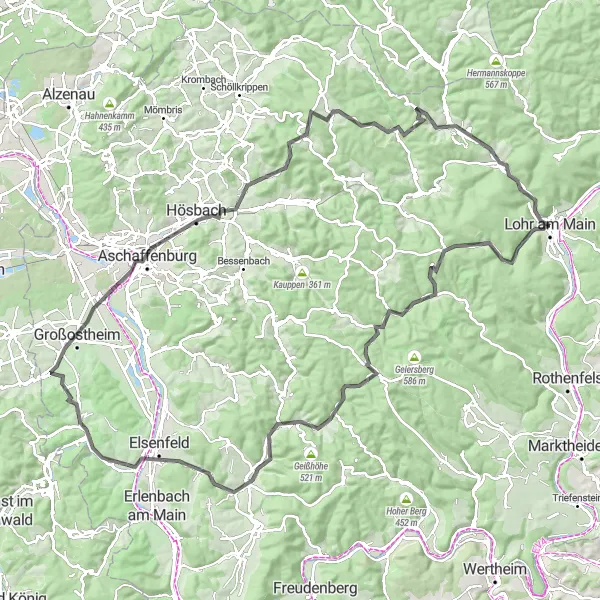 Map miniature of "From Rechtenbach to Lohr am Main" cycling inspiration in Unterfranken, Germany. Generated by Tarmacs.app cycling route planner