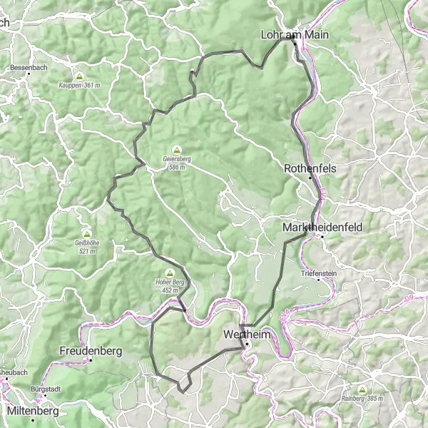 Map miniature of "Lohr am Main Loop via Hornungsberg and Rothenfels" cycling inspiration in Unterfranken, Germany. Generated by Tarmacs.app cycling route planner