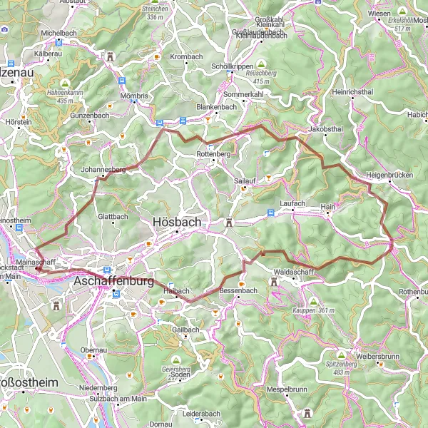 Map miniature of "Gravel Route with Hills and Forests" cycling inspiration in Unterfranken, Germany. Generated by Tarmacs.app cycling route planner