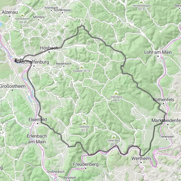 Map miniature of "Mainaschaff to Klinger Loop" cycling inspiration in Unterfranken, Germany. Generated by Tarmacs.app cycling route planner