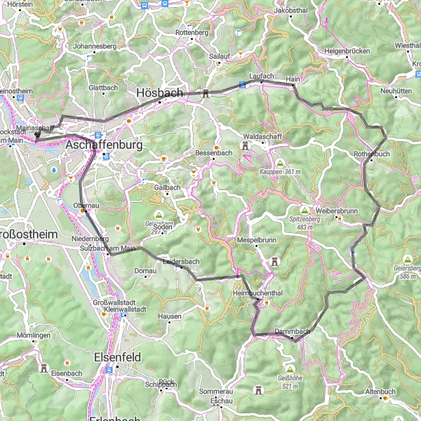 Map miniature of "Mainaschaff - Klinger - Hösbach - Laufach - Herrleshöhe - Dammberg - Heimbuchenthal - Hoheberg - Aschaffenburg - Mainaschaff" cycling inspiration in Unterfranken, Germany. Generated by Tarmacs.app cycling route planner