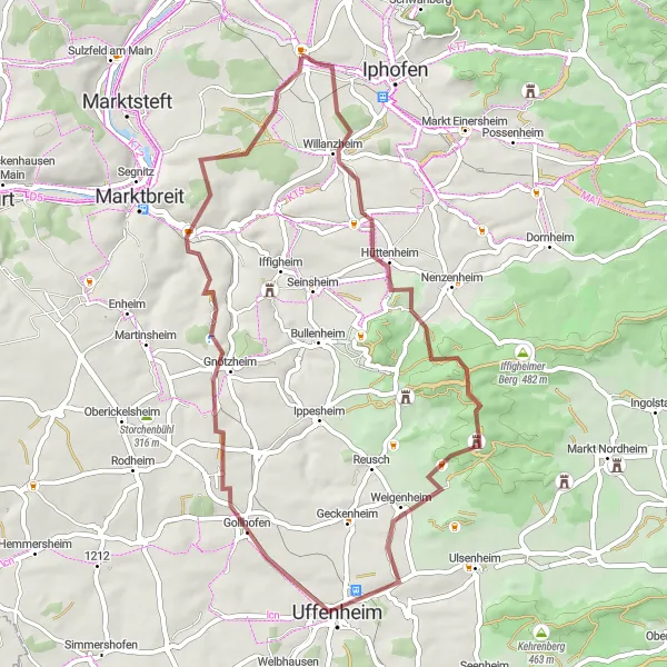 Map miniature of "Mainbernheim Scenic Gravel Ride" cycling inspiration in Unterfranken, Germany. Generated by Tarmacs.app cycling route planner