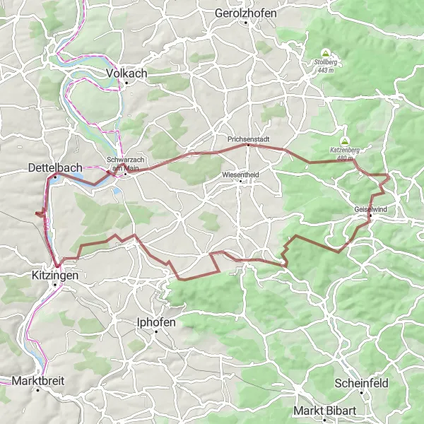 Map miniature of "Mainstockheim Gravel Adventure" cycling inspiration in Unterfranken, Germany. Generated by Tarmacs.app cycling route planner