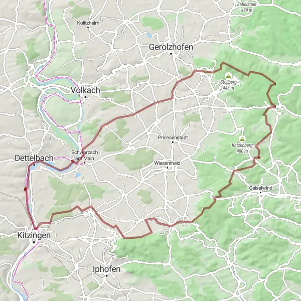 Map miniature of "Exploring the Gravel Paths of Unterfranken" cycling inspiration in Unterfranken, Germany. Generated by Tarmacs.app cycling route planner