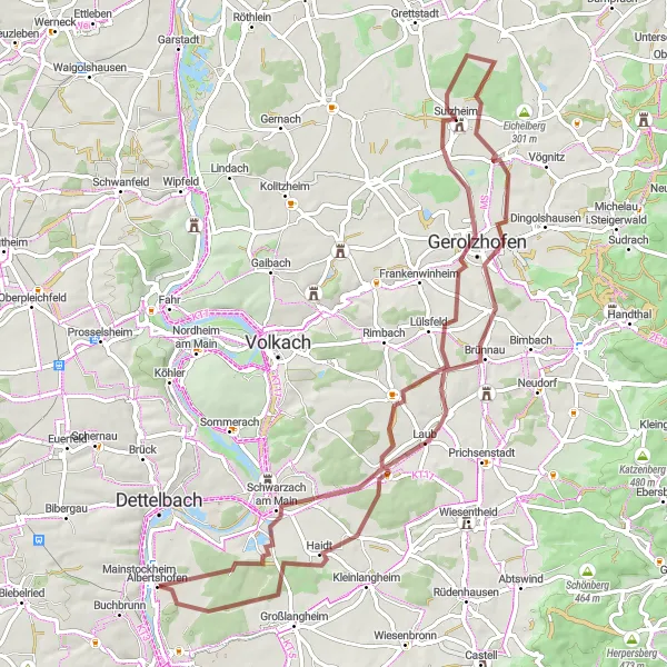 Map miniature of "Stephansberg and Alitzheim Gravel Adventure" cycling inspiration in Unterfranken, Germany. Generated by Tarmacs.app cycling route planner