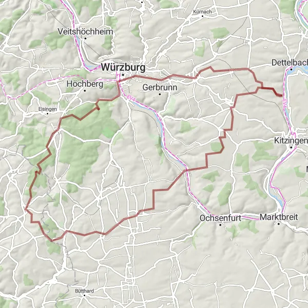 Map miniature of "Scenic Gravel Loop from Mainstockheim" cycling inspiration in Unterfranken, Germany. Generated by Tarmacs.app cycling route planner