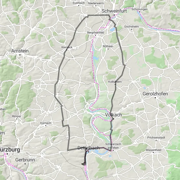 Map miniature of "Mainstockheim to Albertshofen Loop" cycling inspiration in Unterfranken, Germany. Generated by Tarmacs.app cycling route planner