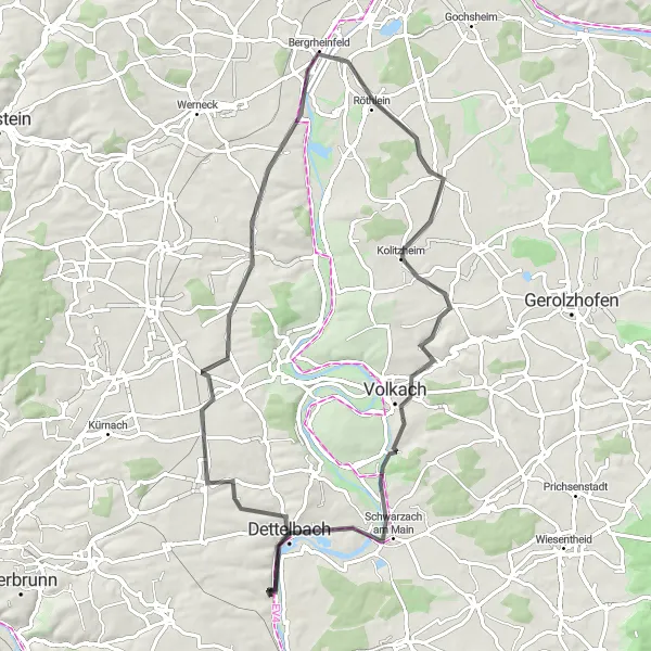 Map miniature of "Mainstockheim Wine Tour" cycling inspiration in Unterfranken, Germany. Generated by Tarmacs.app cycling route planner
