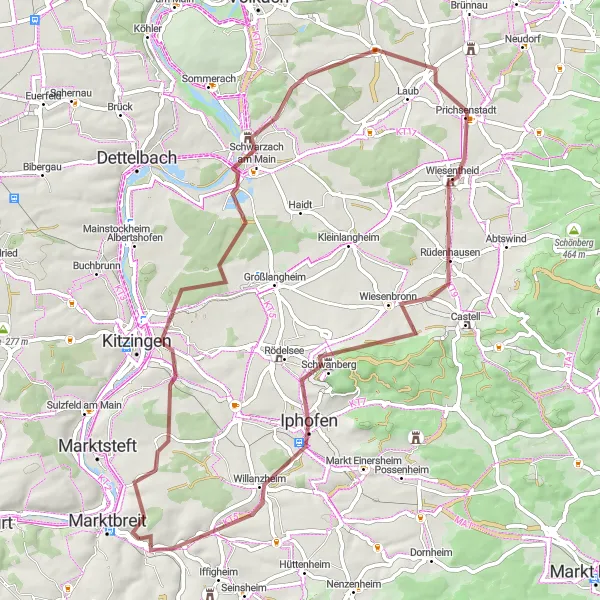 Map miniature of "Gravel Adventure to Iphofen" cycling inspiration in Unterfranken, Germany. Generated by Tarmacs.app cycling route planner