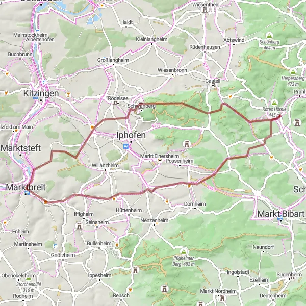Map miniature of "Exploring the Gravel Roads" cycling inspiration in Unterfranken, Germany. Generated by Tarmacs.app cycling route planner