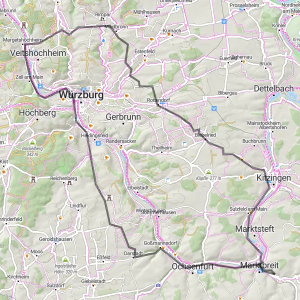 Map miniature of "Scenic Ride to Kitzingen" cycling inspiration in Unterfranken, Germany. Generated by Tarmacs.app cycling route planner