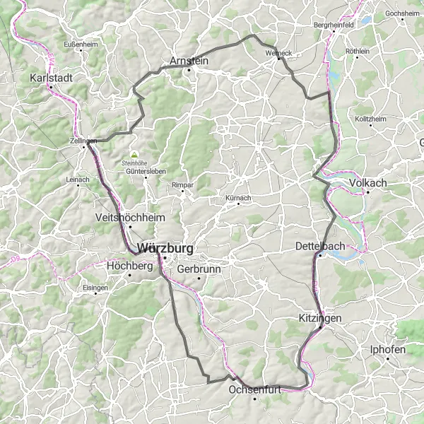 Map miniature of "Würzburg Adventure" cycling inspiration in Unterfranken, Germany. Generated by Tarmacs.app cycling route planner