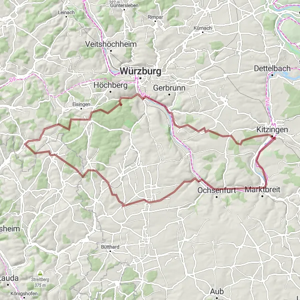 Map miniature of "Gravel Adventure" cycling inspiration in Unterfranken, Germany. Generated by Tarmacs.app cycling route planner