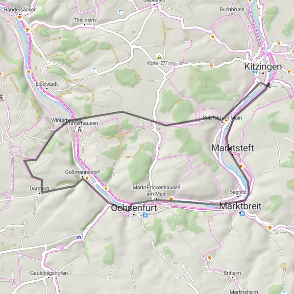 Map miniature of "The Wine Country Loop" cycling inspiration in Unterfranken, Germany. Generated by Tarmacs.app cycling route planner