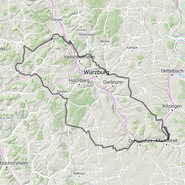 Karten-Miniaturansicht der Radinspiration "Main-Landkreis Würzburg Runde" in Unterfranken, Germany. Erstellt vom Tarmacs.app-Routenplaner für Radtouren