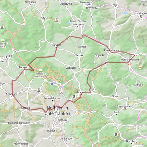 Karten-Miniaturansicht der Radinspiration "Entdecken Sie die Schönheit von Unterfranken auf dieser 51 km langen Schotterroute" in Unterfranken, Germany. Erstellt vom Tarmacs.app-Routenplaner für Radtouren